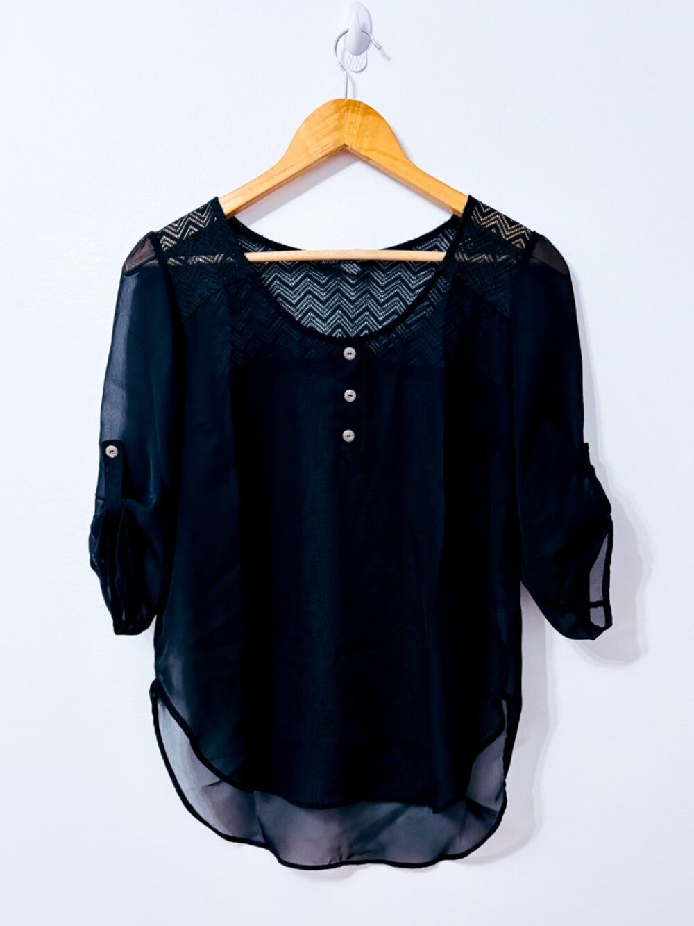 AMERICAN DREAM Black Sheer Blouse | Lace High Low Feminine | X-Small